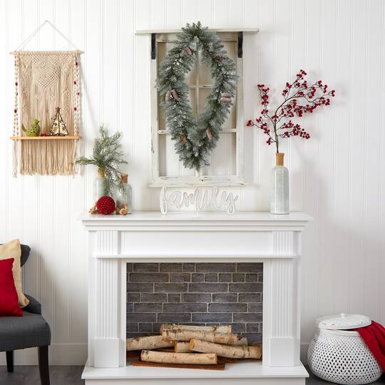 3ft. White LED Lights Geometric Diamond Christmas Frosted Wreath With Pinecones